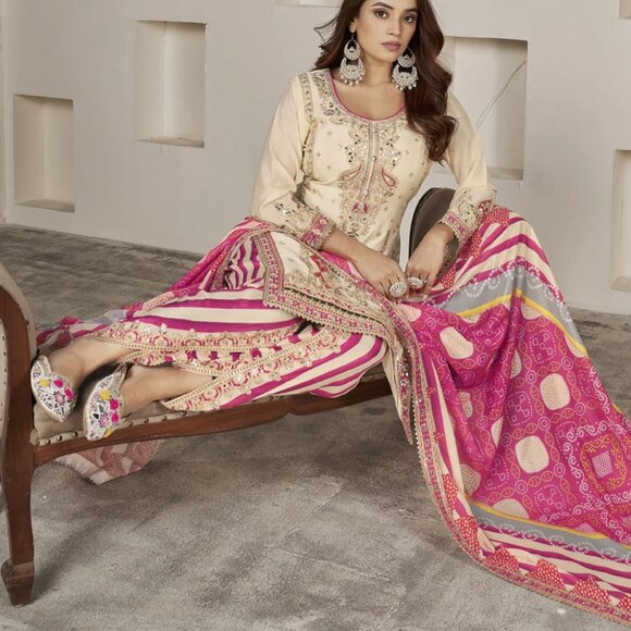 Designer Premium Chinnon Silk Ivory Beige Punjabi Style Dhoti Salwar Suit - Picture 2 of 4